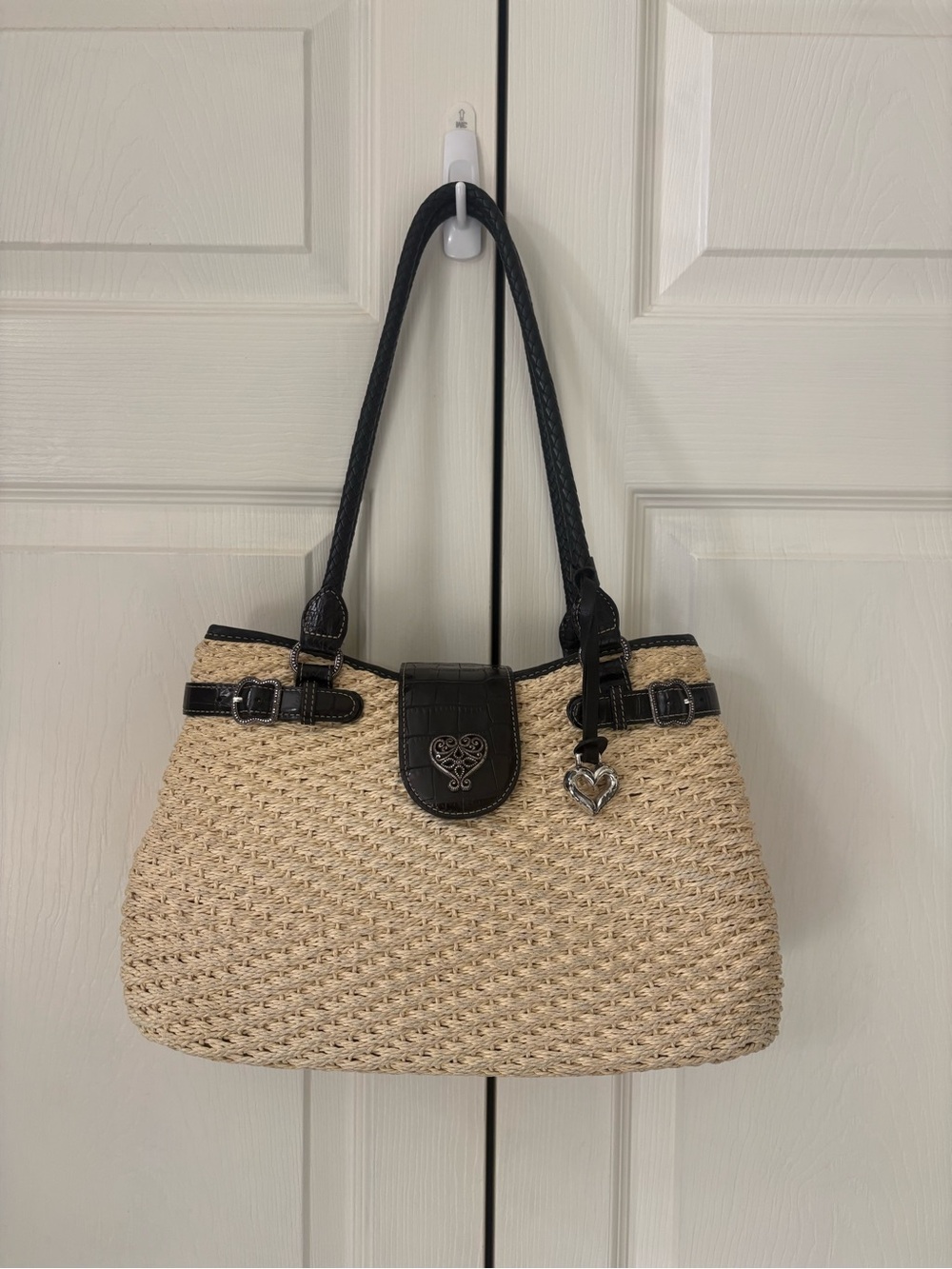 Excellent condition - Brighton Woven Straw Tote with Black Leather Trim / Heart